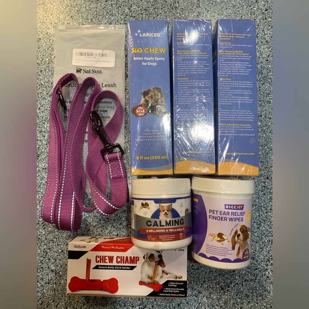 Dog Supply Bundle- No Chew Spray,Leash, Calming Chews,Ear Wipes & Chew Champ